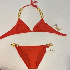 Michael Kors coral and Gold Bikini with Chain Details